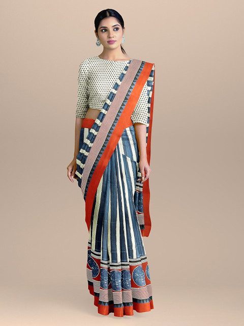 

BharatSthali Blue & White Pure Cotton Striped Sustainable Saree
