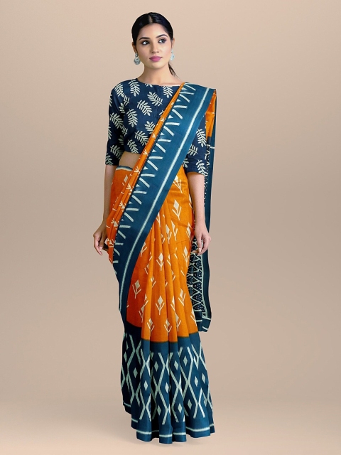 

BharatSthali Orange & Navy Blue Handloom Pure Cotton Printed Saree