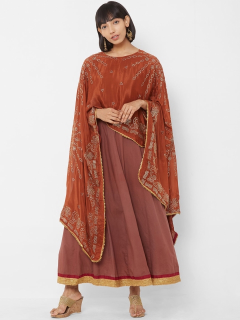 

Vedic Women Brown & Gold Embellished Maxi Dress with Cape