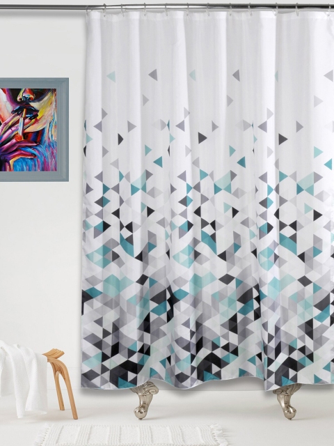

OBSESSIONS White & Grey Triangular Sublimation Glam Shower Curtain With Hooks