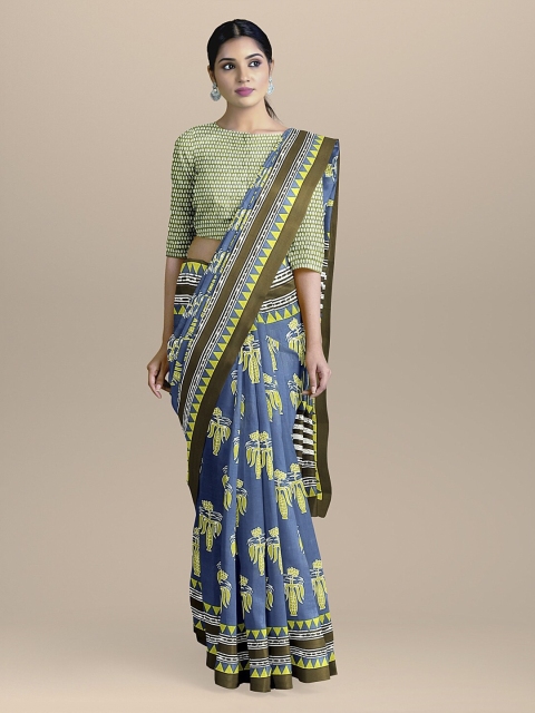 BharatSthali Blue & Olive Brown Handloom Pure Cotton Printed Sustainable Saree