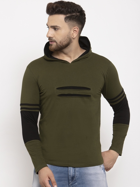 

KATSO Men Olive Green Colourblocked Hood T-shirt