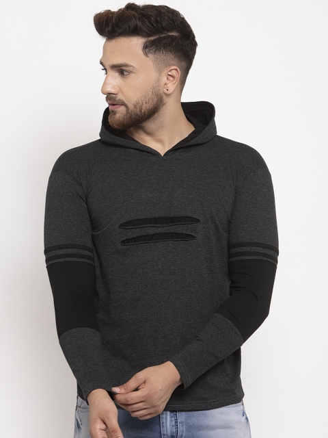 

KATSO Men Black Solid Hood T-shirt