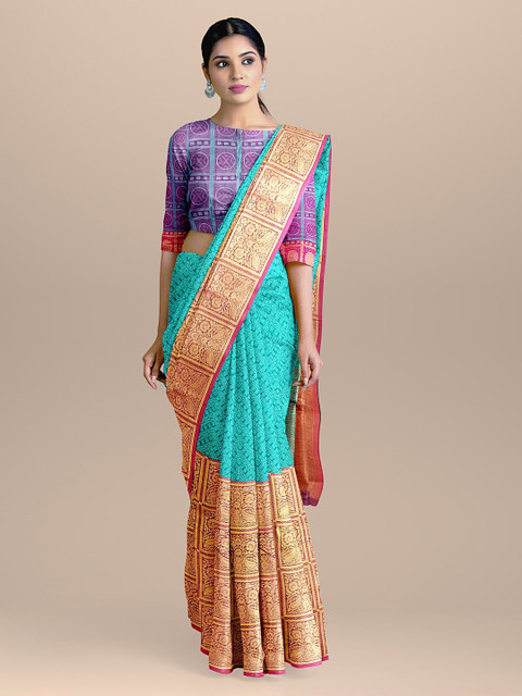 

BharatSthali Sea Green & Orange Silk Cotton Woven Design Banarasi Saree