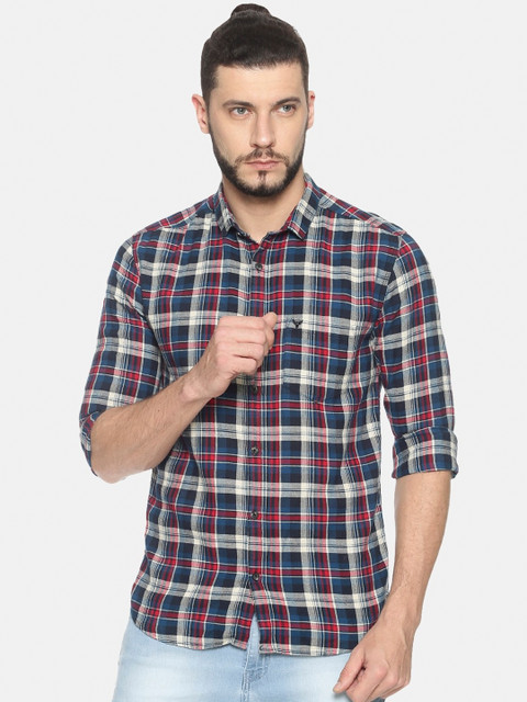 

SHOWOFF Men Navy Blue & Red Slim Fit Checked Casual Shirt