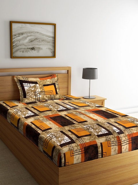 

KLOTTHE Olive Green & Brown Geometric 210 TC Cotton 1 Single Bedsheet with 1 Pillow Cover