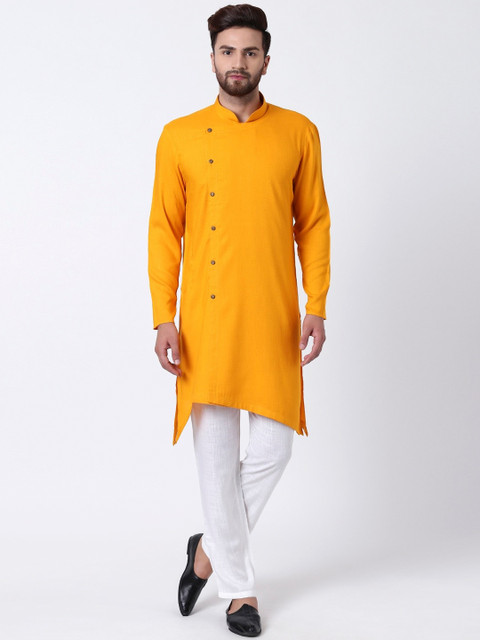 

I Know Men Mustard Yellow & White Solid Kurta with Pyjamas Set