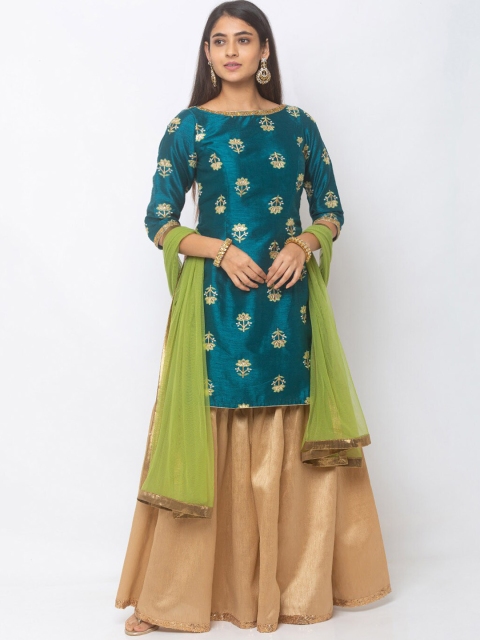 

6Y COLLECTIVE Women Blue & Olive Green Embroidered Kurta with Sharara & Dupatta