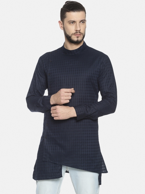 

SHOWOFF Men Navy Blue Woven Design Straight Kurta