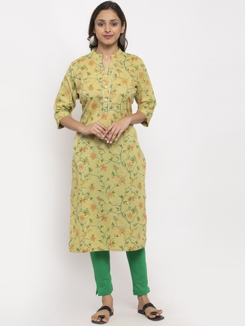 

TAG 7 Women Green & Yellow Floral Printed Straight Kurta