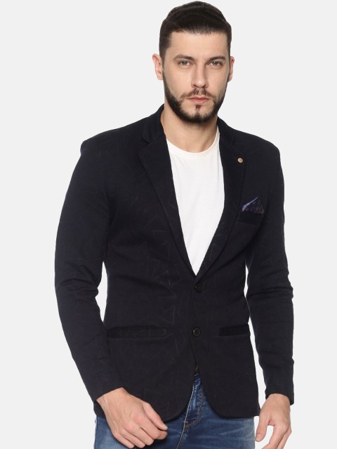 

SHOWOFF Men Navy Blue Self-Design Slim-Fit Single-Breasted Casual Blazer