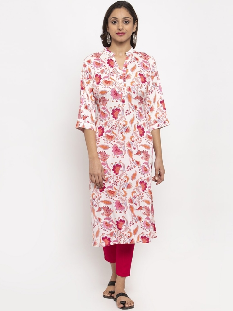 

TAG 7 Women White & Pink Floral Printed Straight Kurta