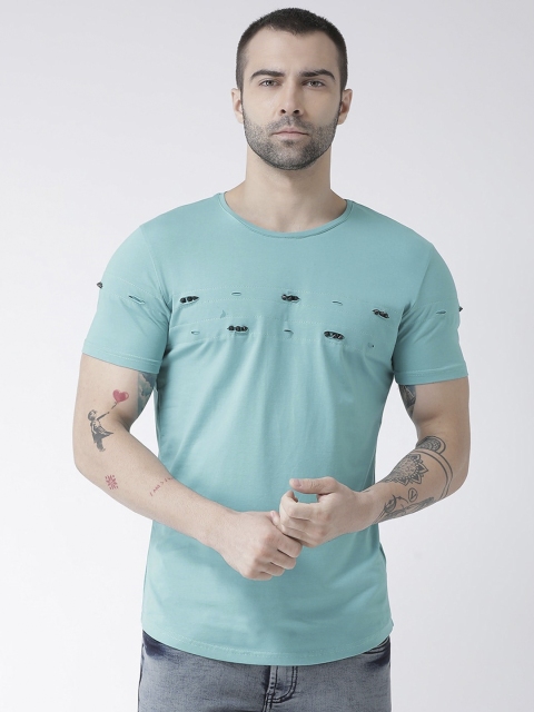 

Rex Straut Jeans Men Turquoise Blue Solid Henley Neck T-shirt