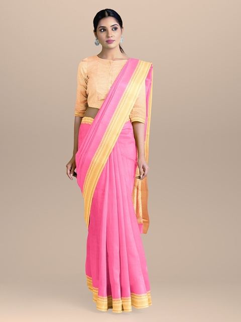

BharatSthali Pink Solid Silk Cotton Banarasi Sustainable Saree