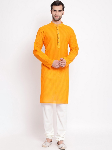 

VASTRAMAY Men Yellow & White Striped Kurta with Pyjamas