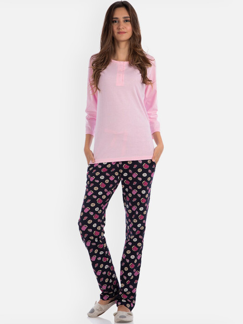 

Nite Flite Women Pink & Navy Blue Solid Night suit
