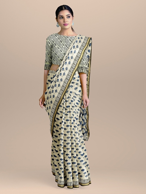 

BharatSthali Cream-Coloured & Blue Silk Cotton Printed Chanderi Sustainable Saree