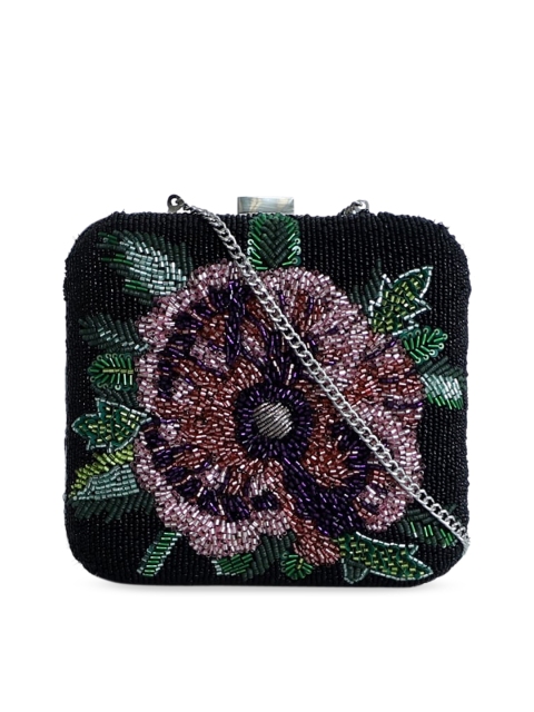 

Diwaah Black & Pink Floral Embellished Velvet Box Clutch