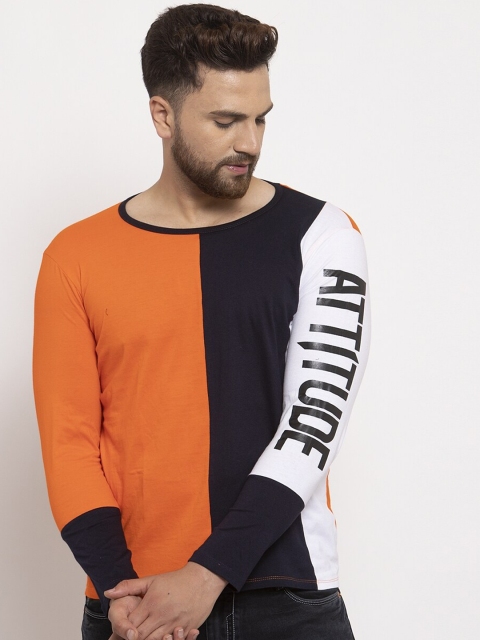 

KATSO Men Orange & Black Colourblocked Hood T-shirt