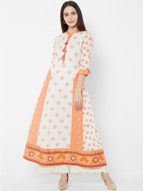 

Vedic Women White & Orange Printed A-Line Kurta
