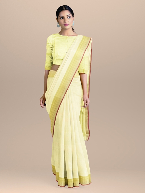 

BharatSthali Cream-Coloured & Green Silk Cotton Solid Banarasi Saree