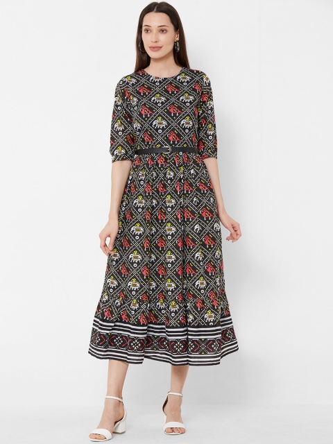 

Vedic Women Black Printed Fit and Flare Dress