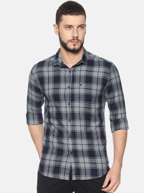 

SHOWOFF Men Grey & Navy Blue Slim Fit Checked Casual Shirt