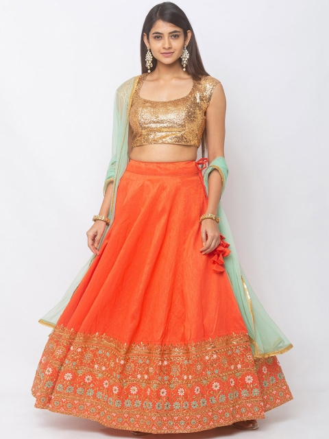 

6Y COLLECTIVE Coral & Gold-Toned Embellished Ready to Wear Lehenga & Unstitched Blouse with Dupatta