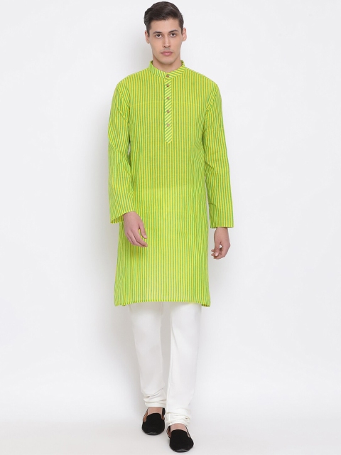 

VASTRAMAY Men Green & White Striped Handloom Kurta with Churidar