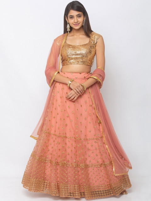

6Y COLLECTIVE Pink & Gold-Coloured Embellished Lehenga & Unstitched Blouse with Dupatta