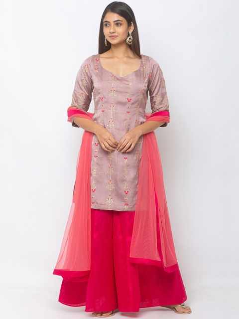 

6Y COLLECTIVE Women Purple & Pink Embroidered Kurta with Sharara & Dupatta