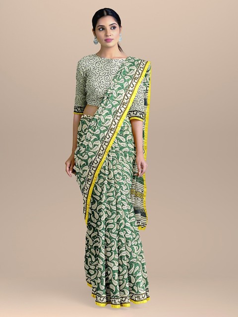 

BharatSthali Green & Beige Silk Cotton Printed Chanderi Saree