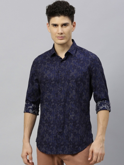 

RARE RABBIT Men Navy Blue Tailored Fit Self Design Casual Shirt