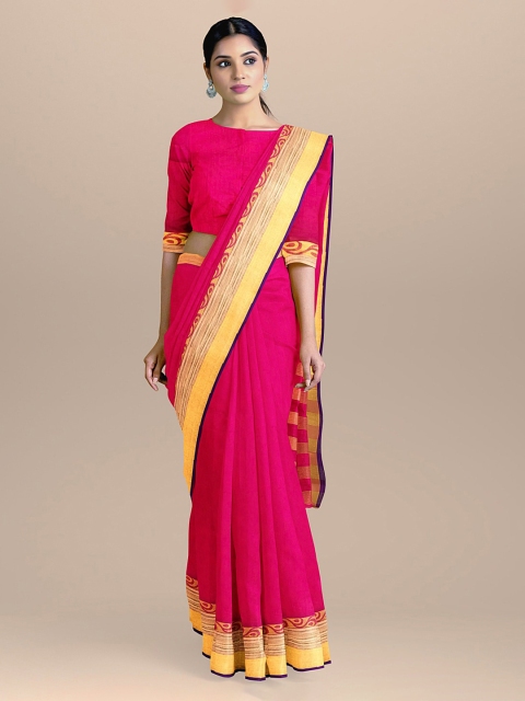 

BharatSthali Magenta & Gold-Coloured Silk Cotton Solid Sustainable Saree