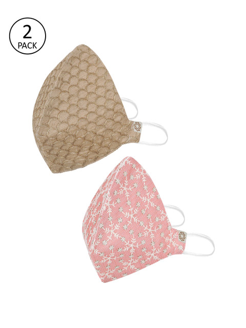 

VASTRAMAY Unisex 2 Pcs Embroidered 4-Ply Anti-Pollution Reusable Cloth Masks, Pink