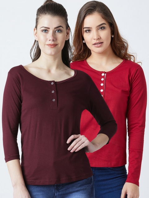 

The Dry State Women Pack Of 2 Solid Slim Fit Henley Neck T-shirts, Red