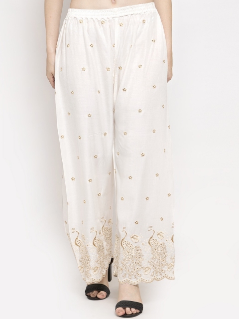 

Clora Creation Women Off-White & Green Embroidered Straight Palazzos