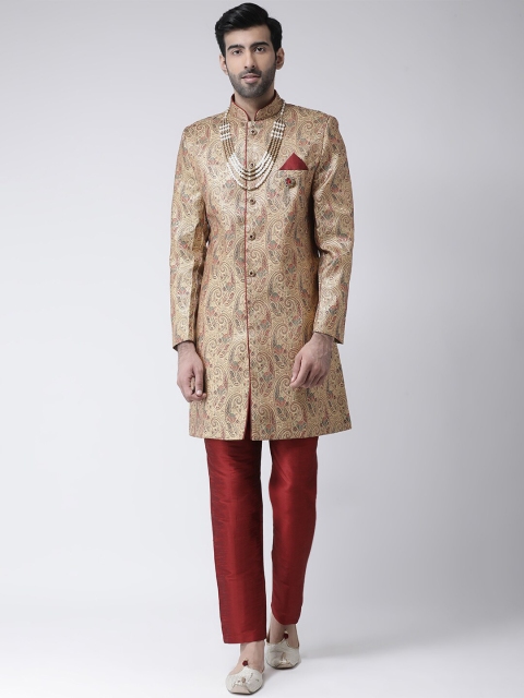 

SG RAJASAHAB Men Beige & Maroon Raw Silk Sherwani Set