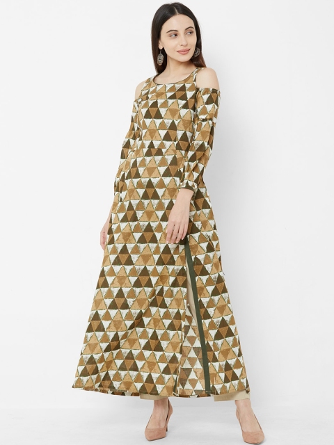 

Vedic Women White & Mustard Brown Printed A-Line Kurta