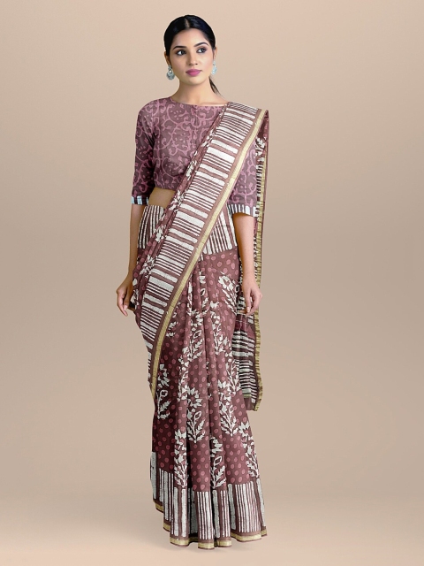 

BharatSthali Brown & White Silk Cotton Printed Chanderi Sustainable Saree