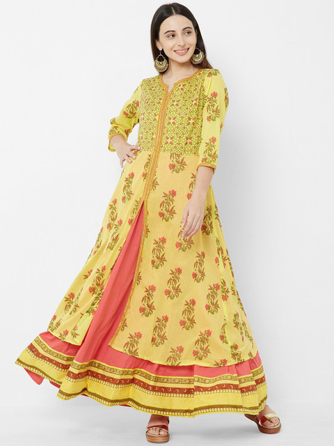 

Vedic Women Yellow Printed Maxi Dress