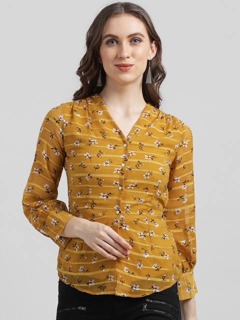 

Zink London Women Mustard Yellow & Black Floral Printed Top