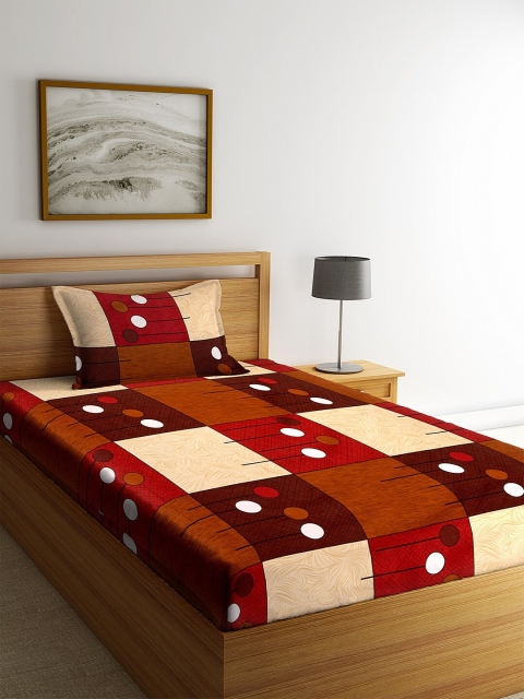 

KLOTTHE Brown & Maroon Geometric 210 TC Cotton 1 Single Bedsheet with 1 Pillow Cover