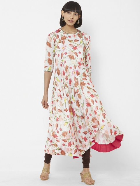 

Vedic Women Cream-Coloured & Pink Floral Printed Anarkali Kurta