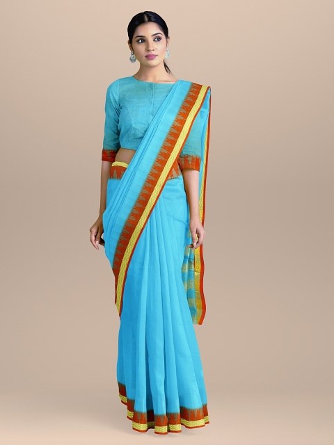 

BharatSthali Blue & Yellow Silk Cotton Solid Banarasi Sustainable Saree
