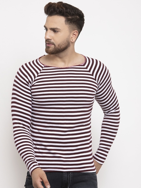 

KATSO Men Maroon Striped Round Neck T-shirt