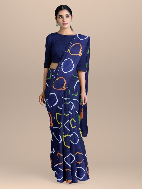 

BharatSthali Navy Blue & White Pure Cotton Printed Sustainable Saree