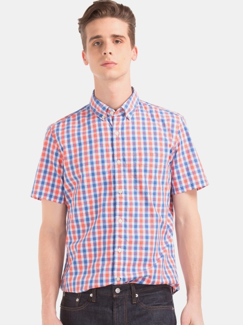 

GAP Men Blue & Orange Regular Fit Short Sleeve Check Shirt, Multi
