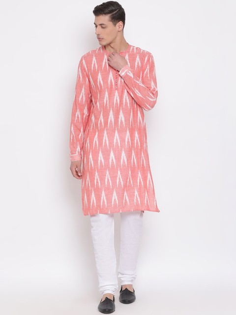 

VASTRAMAY Men Pink & White Printed Kurta with Churidar