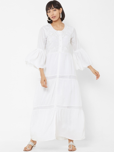 

Vedic Women White Self Design A-Line Dress
